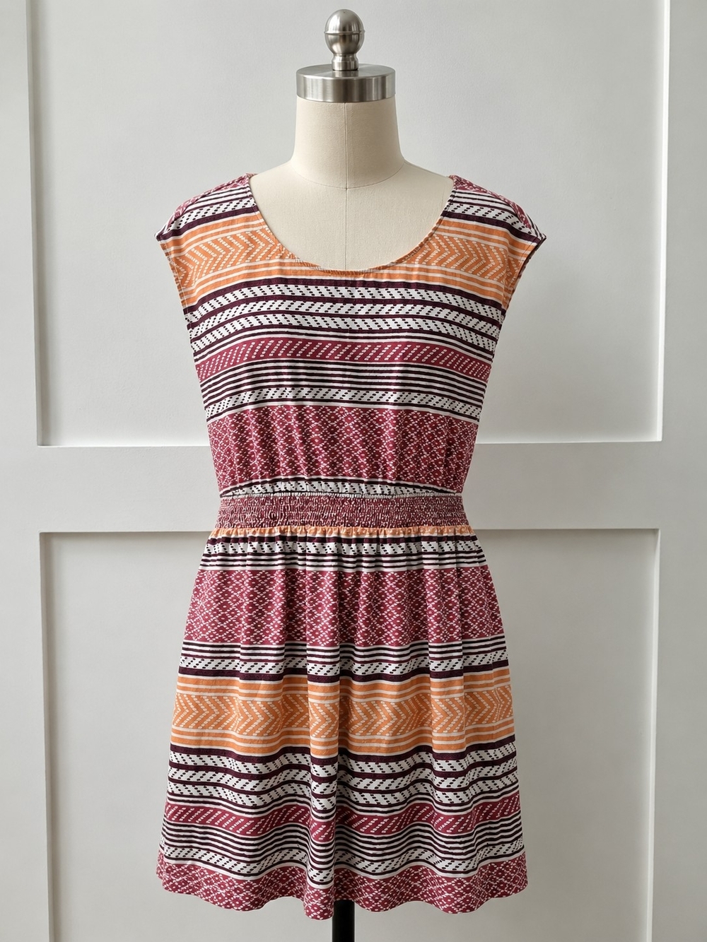 LOFT Sleeveless Geo Stripe Mini Dress in Maroon and Orange